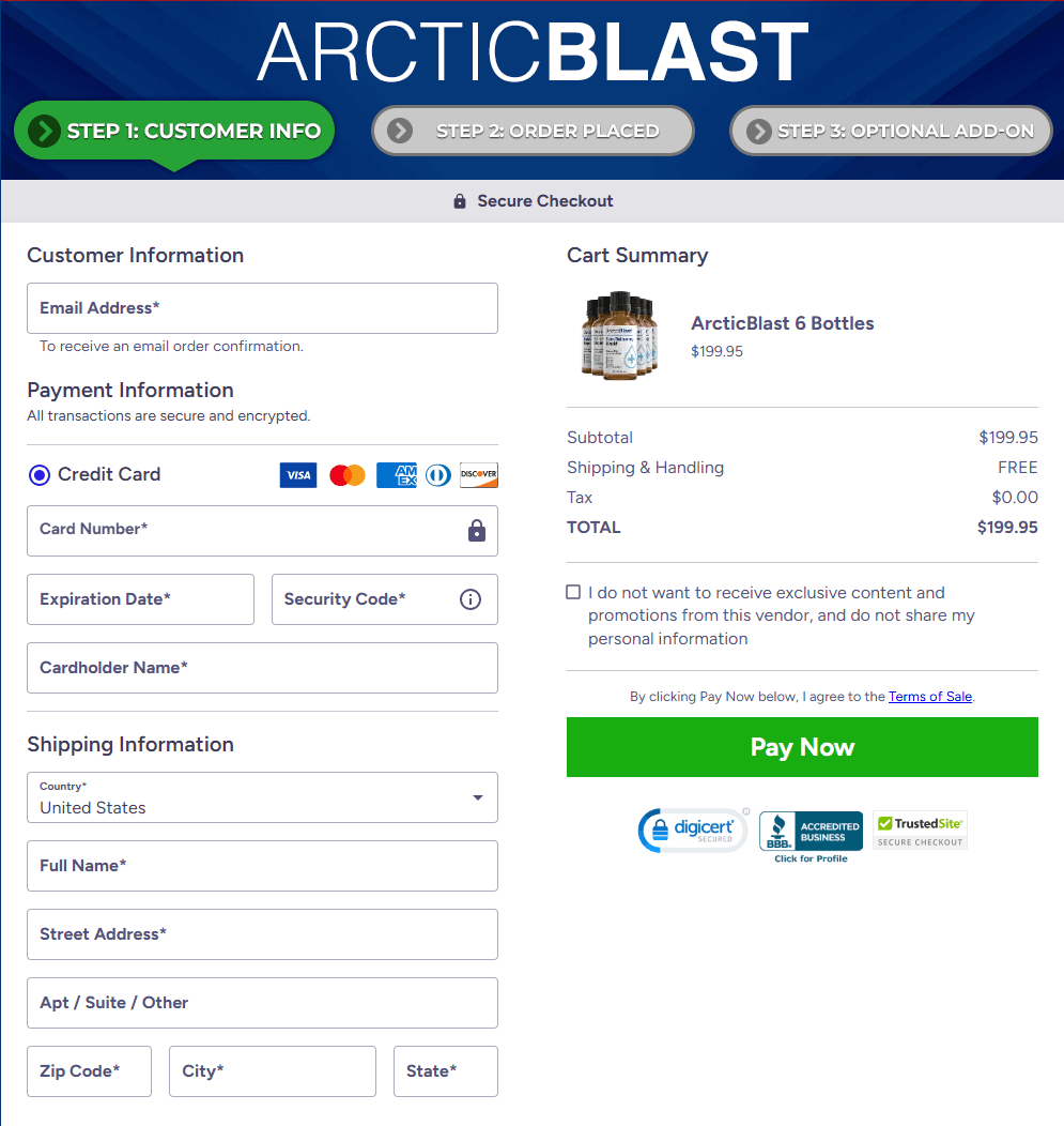 Arctic Blast Checkout page